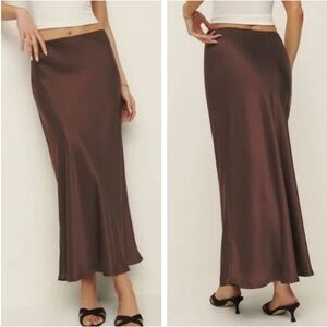 BEST Reformation Layla Silk Midi Skirt - Cafe Brown Chocolate Causal Classic